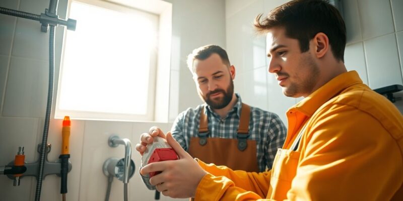 plumber with pipe in a bathroom