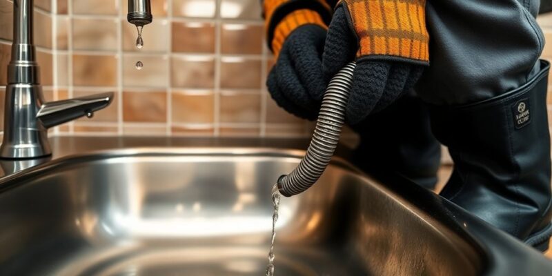 Plumber wearing gloves uses metal drain snake in sink pipe.