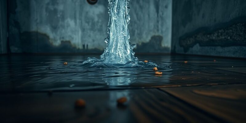 Burst pipe spraying water in a flooded home.