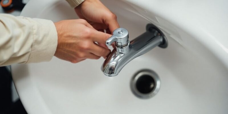 Plumber installing a new faucet in a sink.