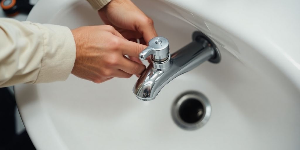 Plumber installing a new faucet in a sink.