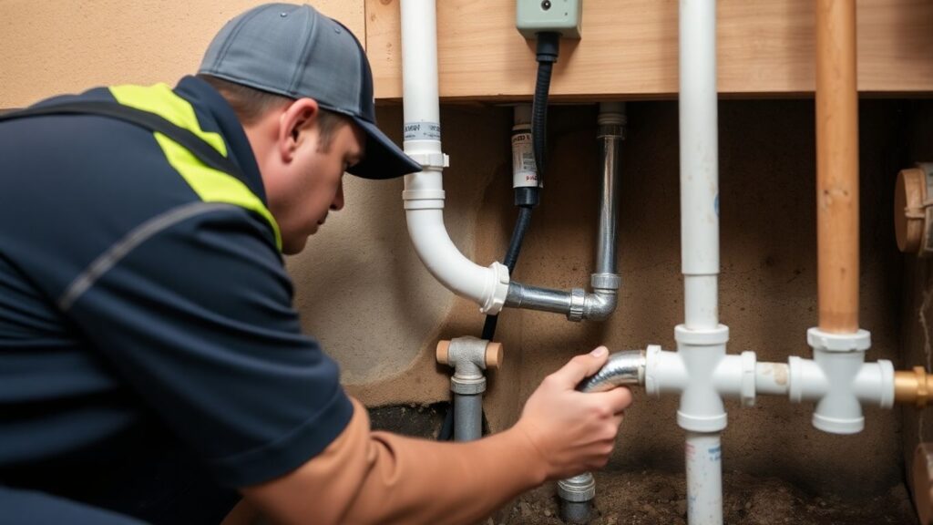 Plumber inspecting residential water pipes for protection.