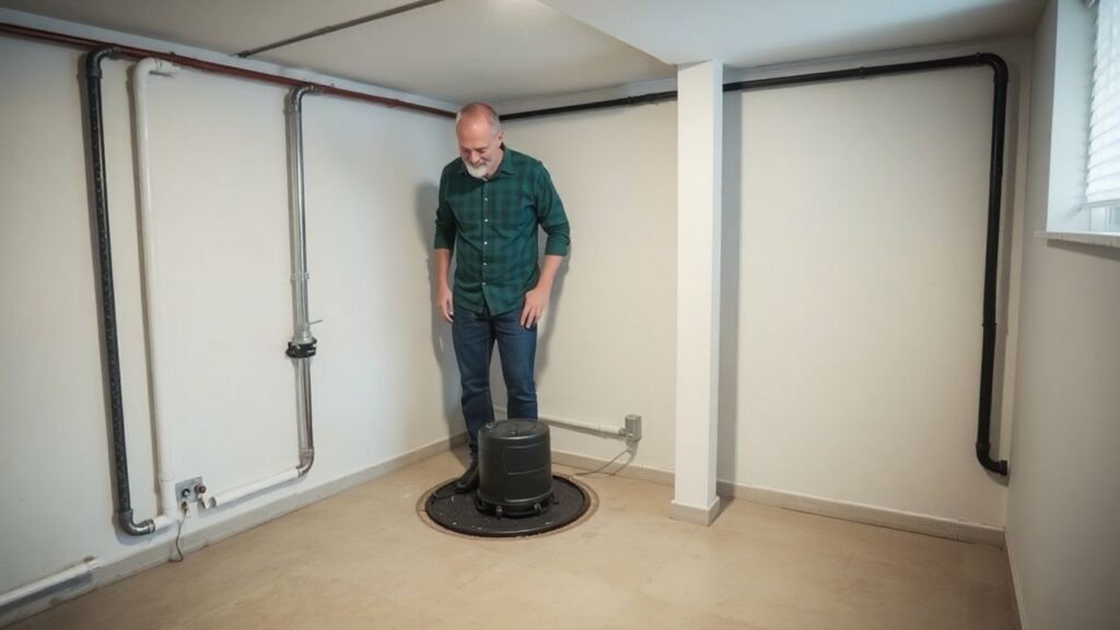 Homeowner checking sump pump in basement