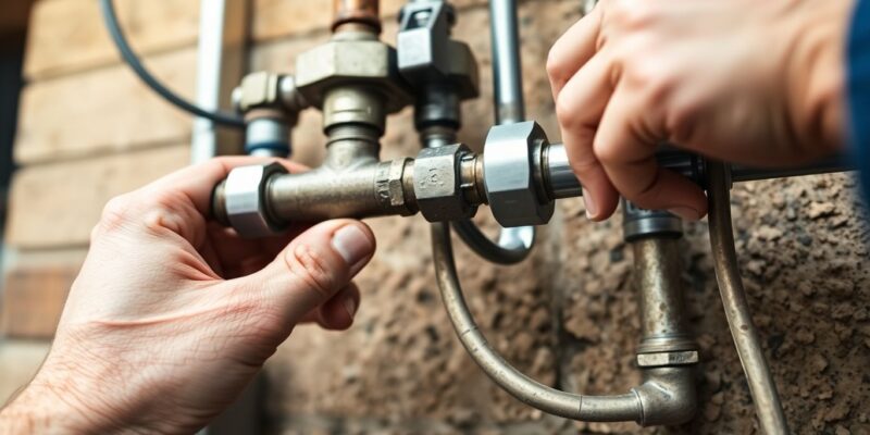 Plumber working on residential water pipes.