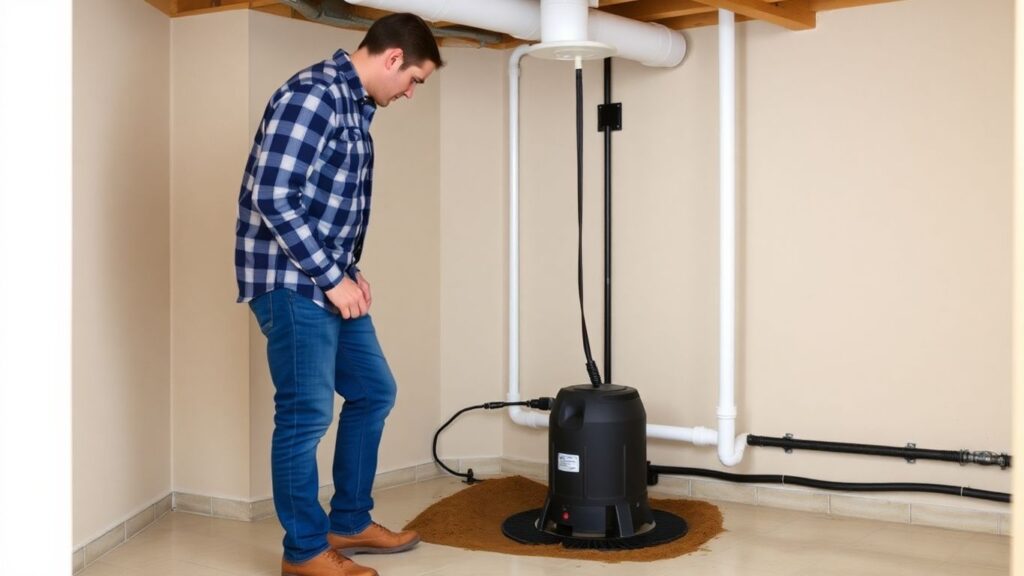 Homeowner checking basement sump pump for flood protection.