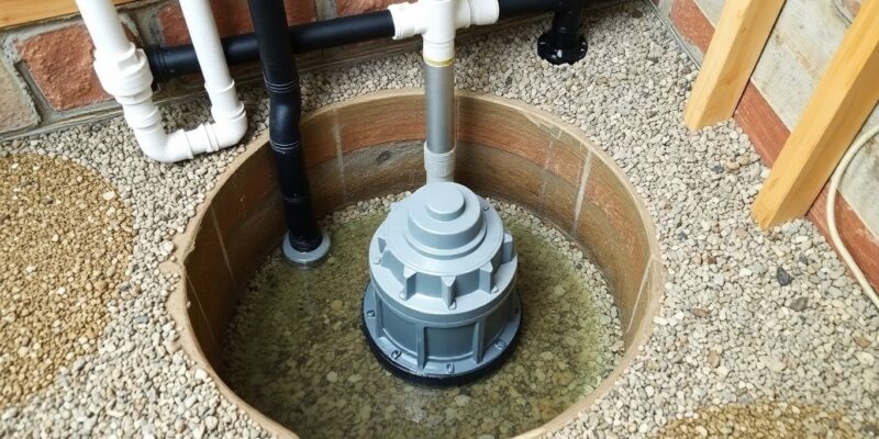 Sump pump system installation in a home basement.