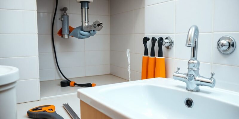Person fixing pipes under a bathroom sink