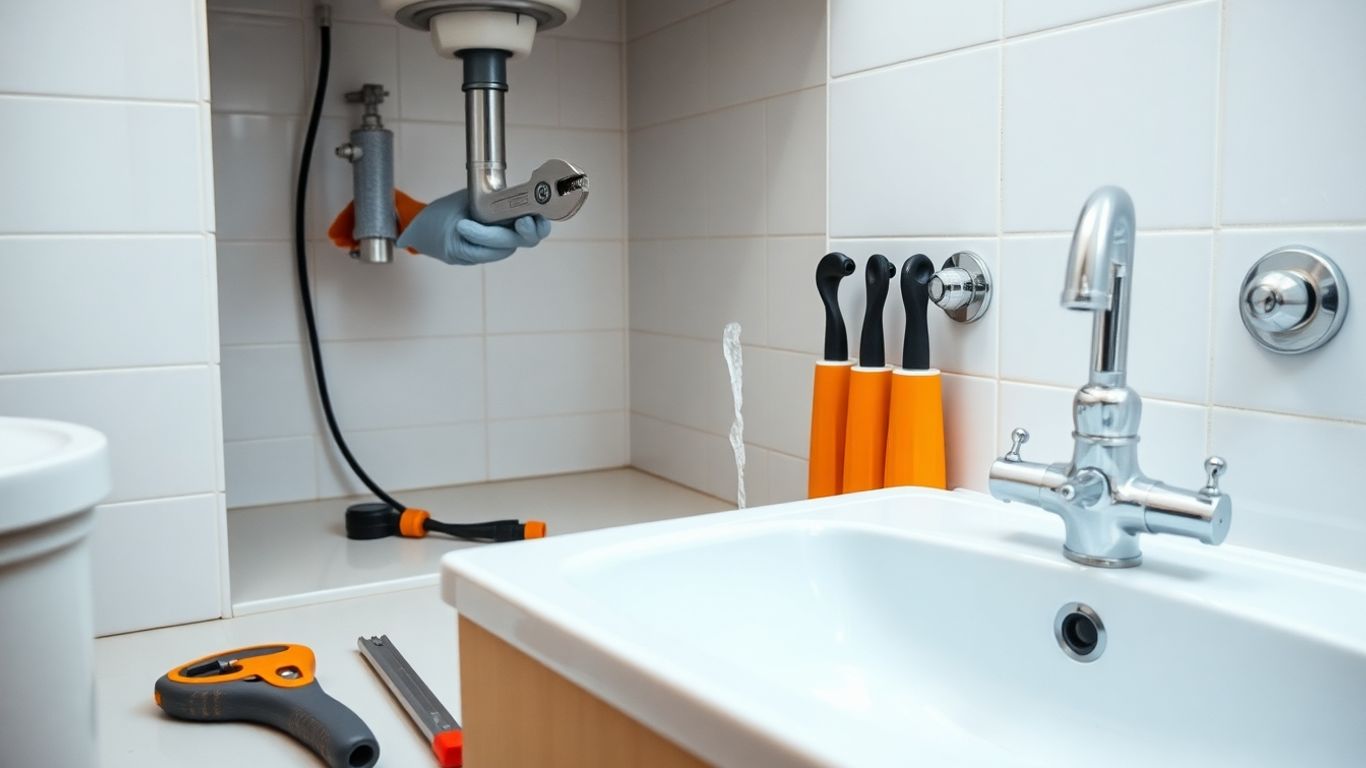 Person fixing pipes under a bathroom sink
