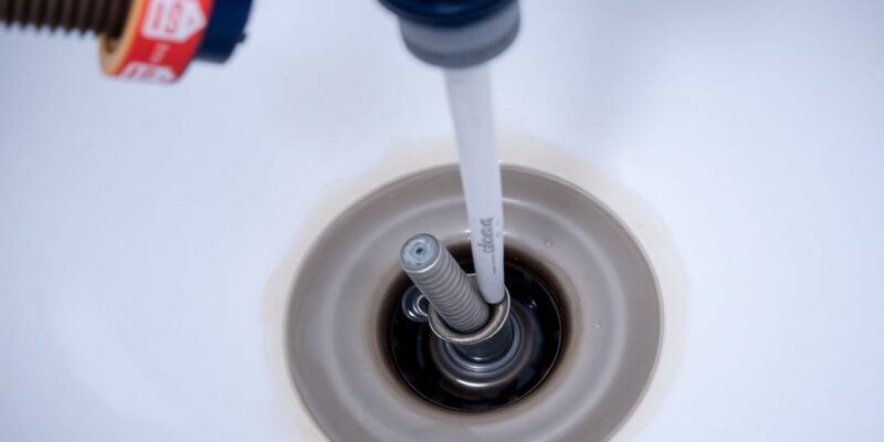 Plumber unclogging a bathroom sink drain.