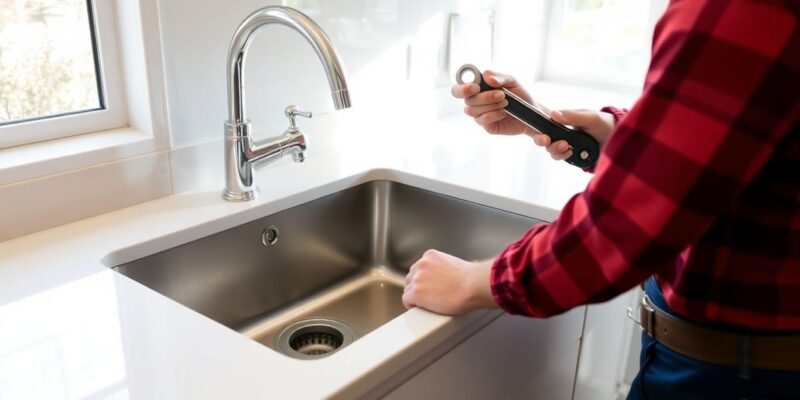 Plumber installing a kitchen sink with modern fixtures