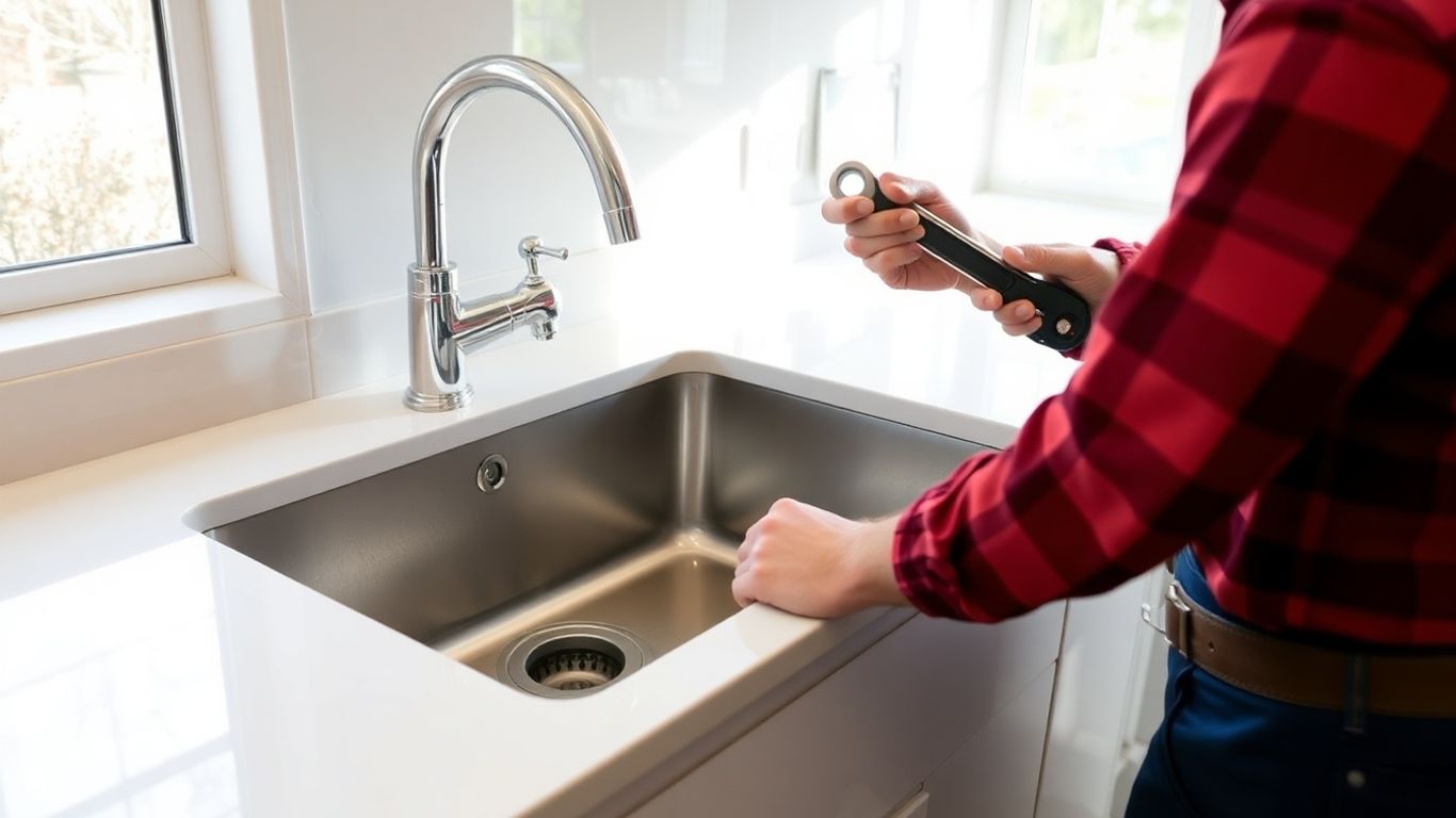 Plumber installing a kitchen sink with modern fixtures