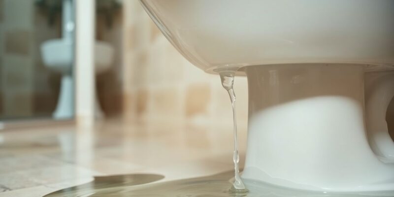 Leaking toilet tank with water on the floor.