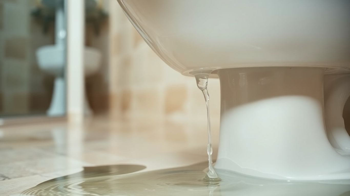 Leaking toilet tank with water on the floor.