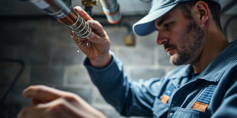 Plumber inspecting water pipes in a home.