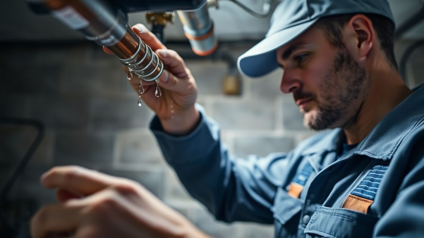 Plumber inspecting water pipes in a home.