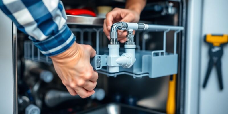 Plumber connecting dishwasher water line during installation.