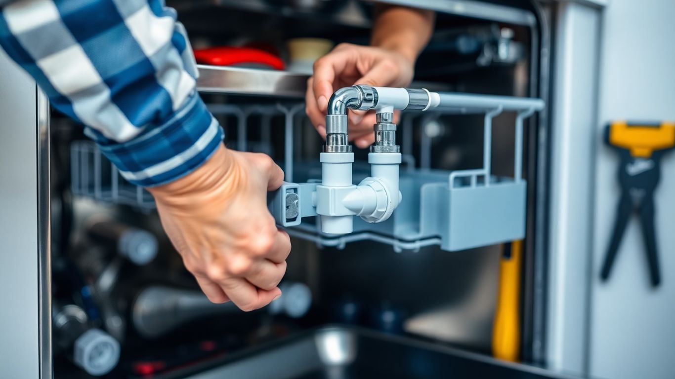 Plumber connecting dishwasher water line during installation.