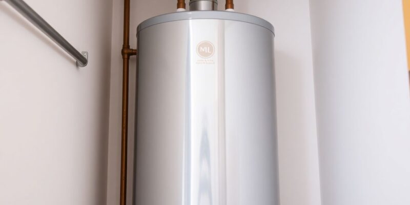 Newly installed hot water tank with copper pipes.