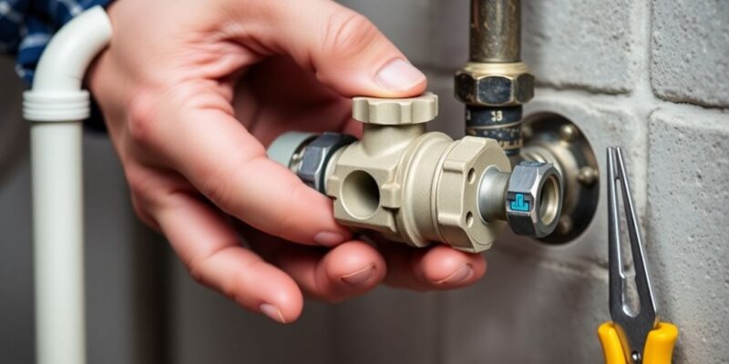 Plumber installing a backwater valve in a pipe.
