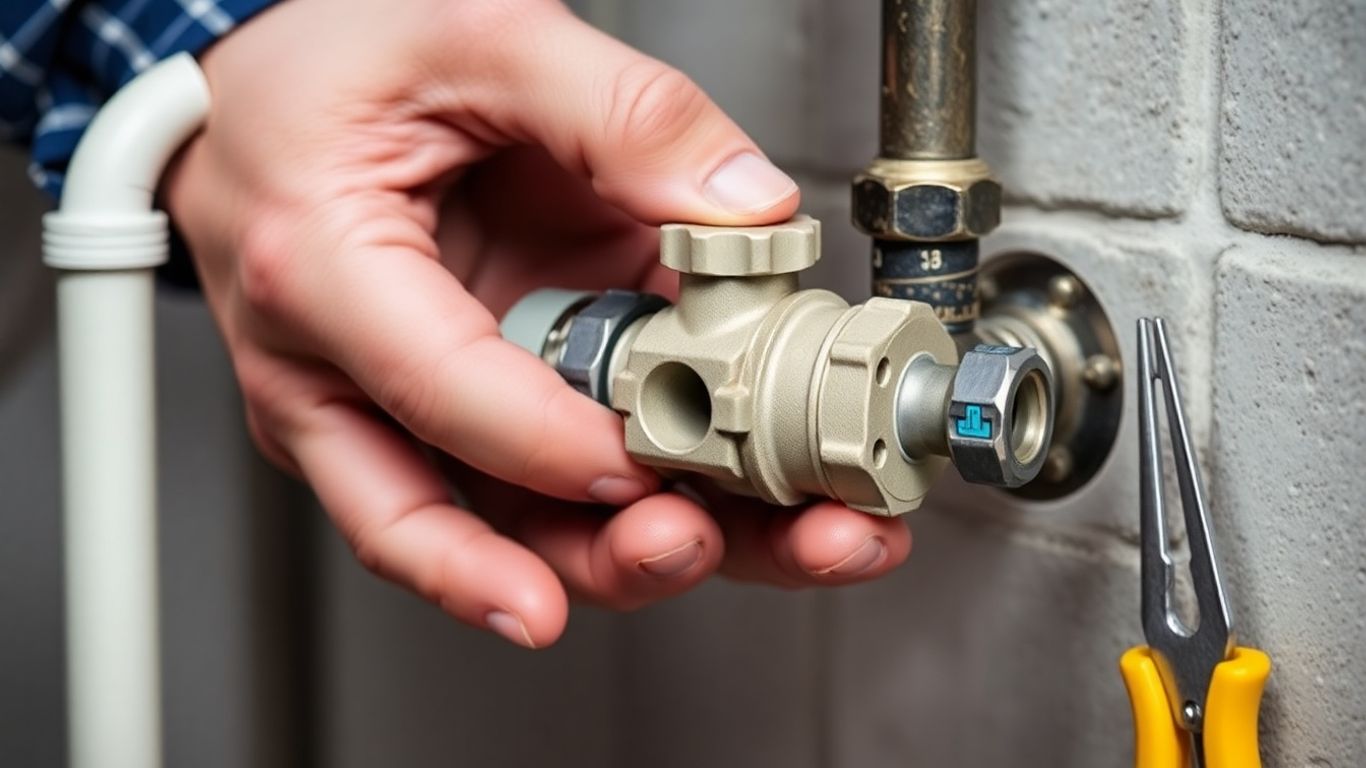Plumber installing a backwater valve in a pipe.