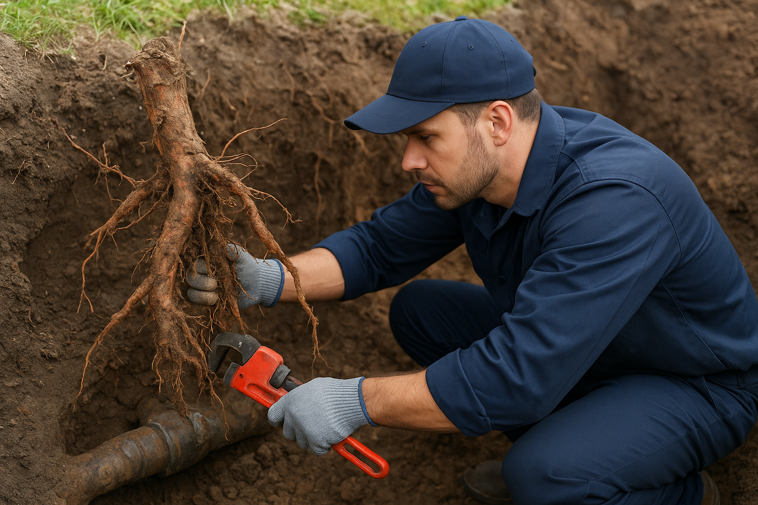 Professional plumber removing tree roots from a damaged underground pipe