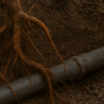Tree roots wrapping around a damaged underground sewer pipe in soil