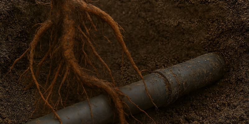 Tree roots wrapping around a damaged underground sewer pipe in soil