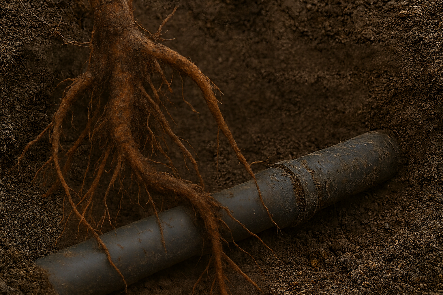 Tree roots wrapping around a damaged underground sewer pipe in soil