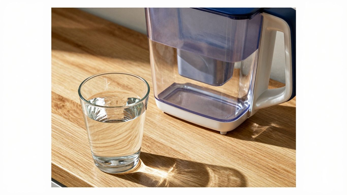 Filtered well water in a pitcher and glass.