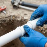 Plumber connecting water line pipe outdoors.