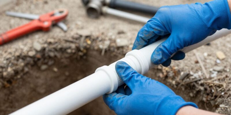 Plumber connecting water line pipe outdoors.