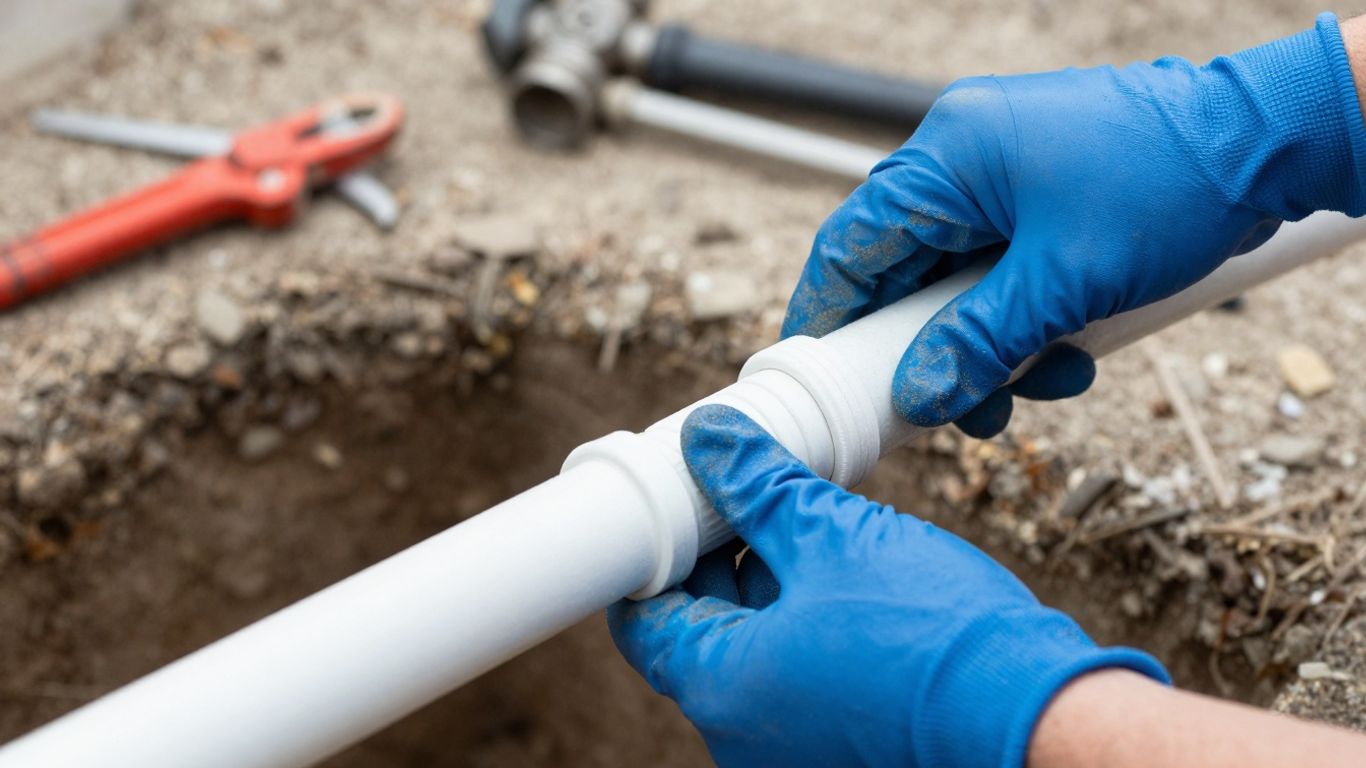 Plumber connecting water line pipe outdoors.